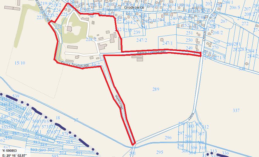 Rysunek 8 Podobszar rewitalizacji w obrębie sołectwa Grodkowice Źródło: opracowanie własne na podstawie portalu e-mapa W obrębie sołectwa Grodkowice podobszar rewitalizacji został wyznaczony na