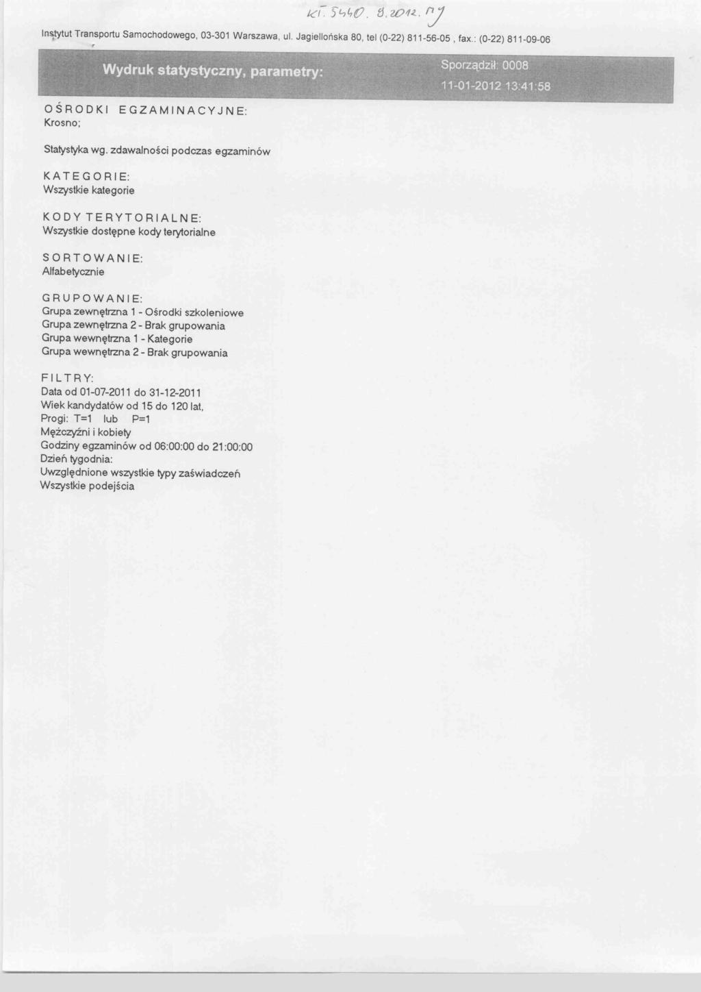 < 'J..,O. J. 0<. J nyu Trnspru Smchdweg, 00 Wrszw, u. Jg ieńsk 80, e (0) 80, fx.: (0) 800 r OŚ ROD K E GZAM NACYJ NE: Krsn; Sysyk wg.