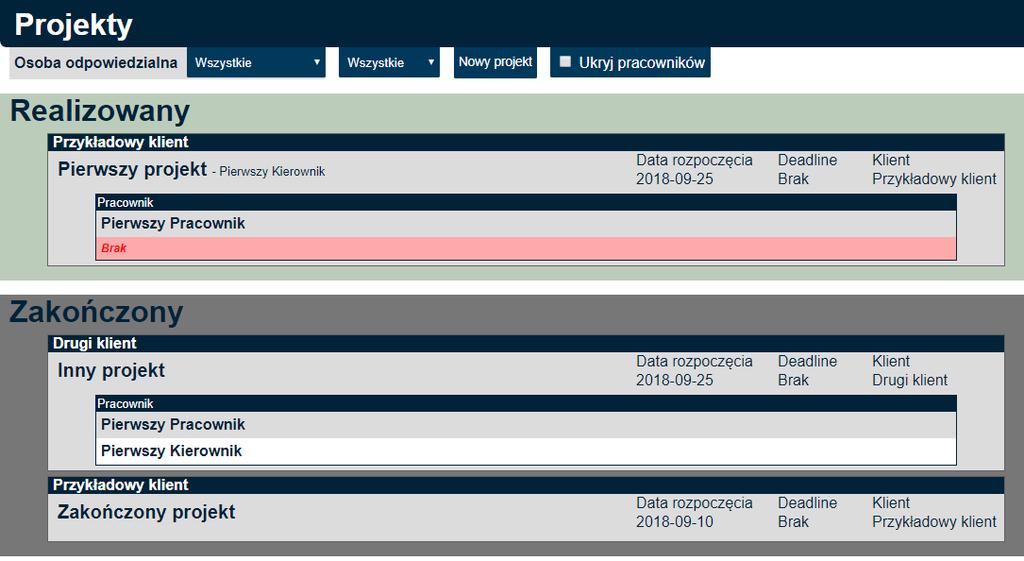 Projekty lista projektów posortowana według statusu, z listą pracowników którzy wykonują dany projekt Zadania - lista zadań przypisanych do zalogowanego pracownika (Moje zadania), do których można