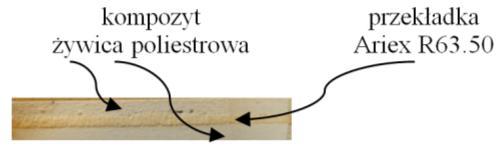 czym oznaczenia od 1 4 oraz 6 nadano kompozytom składającym się tylko z maty szklanej oraz żywicy, natomiast kompozyt 5 posiadał dodatkowo w części środkowej przekładkę z Ariex R63.50.