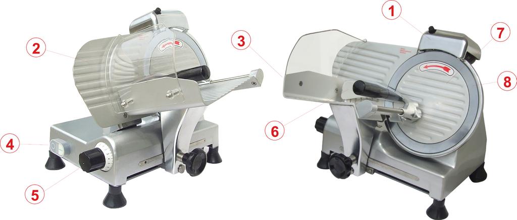 Opis części 210000 Krajalnica Slicer 250 mm 1 Ostrzałka 2 Ruchoma ścianka 3 Platforma przesuwna 4