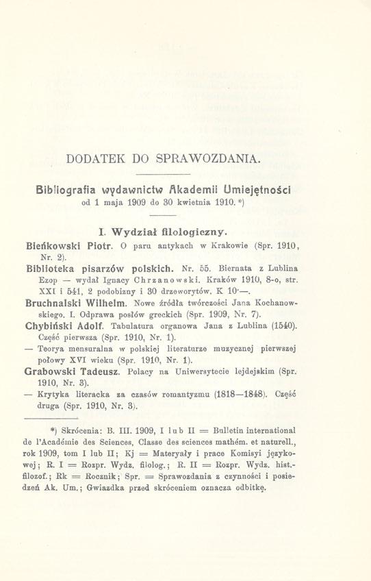 DODATEK DO SPRAWOZDANIA. Bibliografia wydawnictw Akademii Umiejętności od 1 maja 1909 do 30 kwietnia 1910. *) I. Wydział filologiczny. Bieńkowski Piotr, o paru antykach w Krakowie (Spr. 1910, Nr. 2).