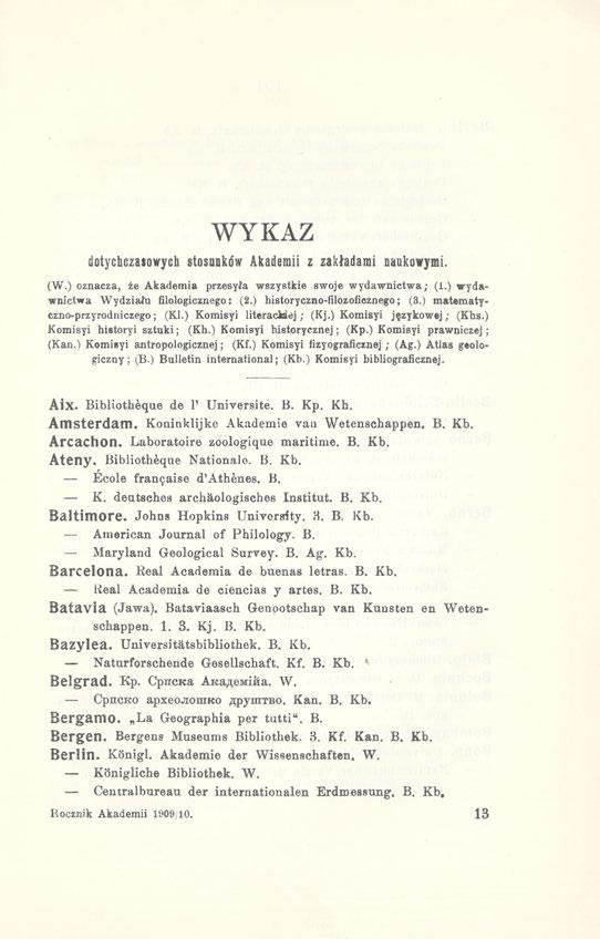 WYKAZ dotychczasowych stosunków Akademii z zakładami naukowymi. (W.) oznacza, że Akademia przesyła wszystkie swoje wydawnictwa; (i.) wydawnictwa Wydziału filologicznego: (2.