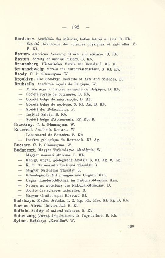 195 Bordeaux. Academie des sciences, belles lettres et arts. B. Kb. Socióte Linneenne des sciences physiques et naturelles. 3* B. Kb. Boston. American Academy of arts and sciences. B. Kb. Boston. Society of natural history.