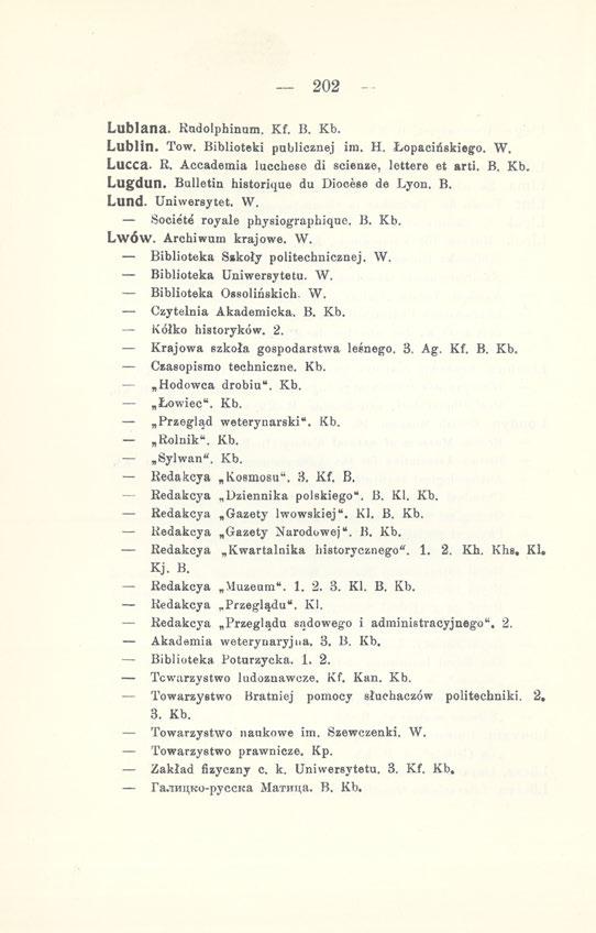 - 202 Lubiana. Rudolphinum. Kf. B. Kb. Lublin. Tow. Biblioteki publicznej im. H. Łopacińskiego. W. Lucca. R. Accademia luccliese di scienze, lettere et arti. B. Kb. Lugdun.