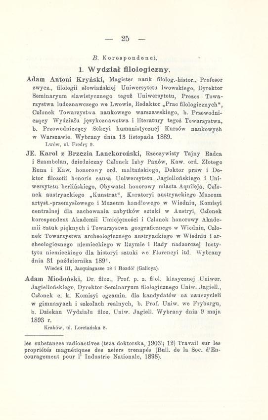 25 B. Korespondenci. 1. Wydział filologiczny. Adam Antoni Kryński, Magister nauk filolog.-histor., Profesor zwycz.