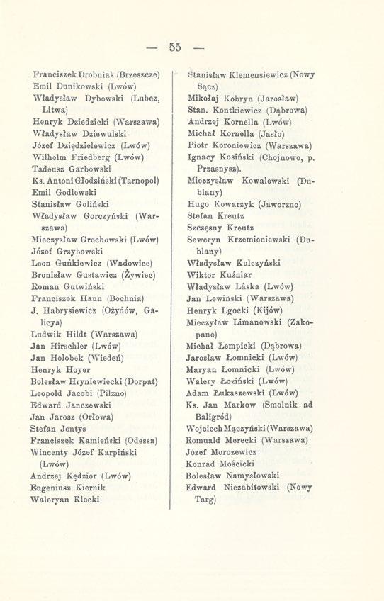 55 Franciszek Drobniak (Brzeszcze) Emil Dunikowski (Lwów) Władysław Dybowski (Lubcz, Litwa) Henryk Dziedzicki (Warszawa) Władysław Dziewulski Józef Dziędzielewicz (Lwów) Wilhelm Friedberg (Lwów)