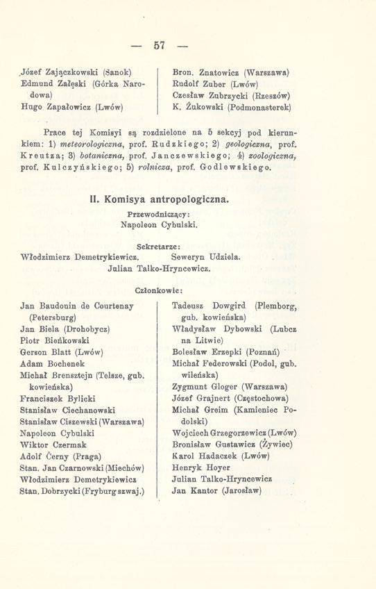 57 Józef Zajączkowski (Sanok) Edmund Załęski (Górka Narodowa) Hugo Zapałowicz (Lwów) Bron. Znatowicz (Warszawa) Rudolf Zuber (Lwów) Czesław Zubrzycki (Rzeszów) K.