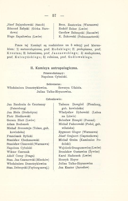 57 Józef Zajączkowski (Sanok) Edmund Załęski (Górka Narodowa) Hugo Zapałowicz (Lwów) Bron. Znatowicz (Warszawa) Rudolf Zuber (Lwów) Czesław Zubrzycki (Rzeszów) K.