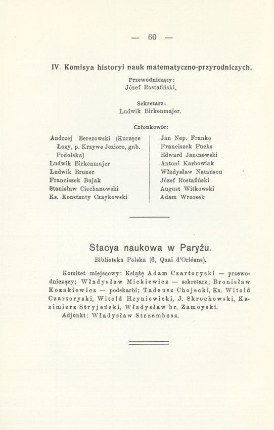 60 IV. Komisya historyi nauk matematyczno-przyrodniczych. Andrzej Berezowski (Kurzęce Łozy, p. Krzywe Jezioro, gub.