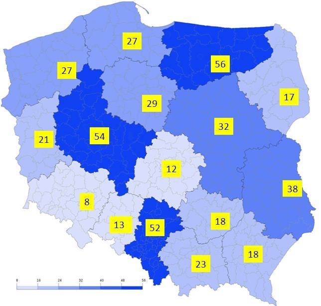 2) Kluby Integracji Społecznej 280 jednostek (rejestry wojewodów). 2. Przeciętna w skali kraju w 2016 r.