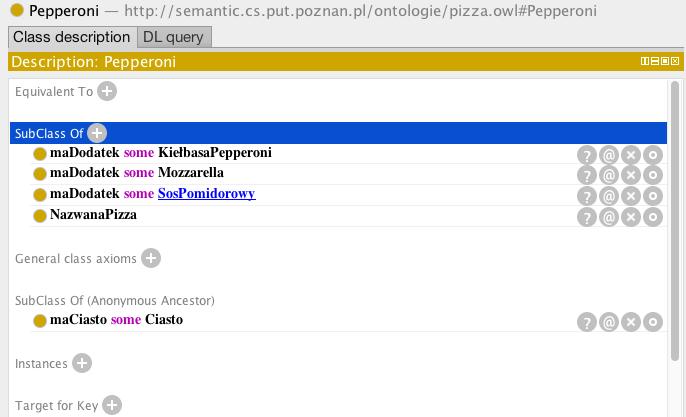 Sekcja Description powinna wyglądać jak na rysunku 24. Rysunek 24. Opis Pepperoni Sekcja SubClass Of w Description pozwala na podanie warunku koniecznego jakie muszą spełniać instancje danej klasy.