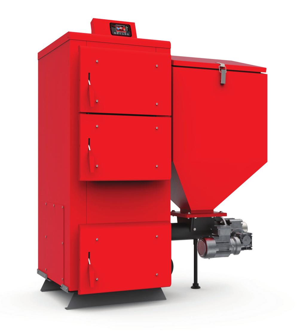RED BIO 15-75 kw Kotły z podajnikiem do spalania biomasy niedrzewnej RED BIO jest automatycznym kotłem grzewczym, którego konstrukcja oparta jest na bazie poziomego wymiennika Heiztechnik o wysokiej