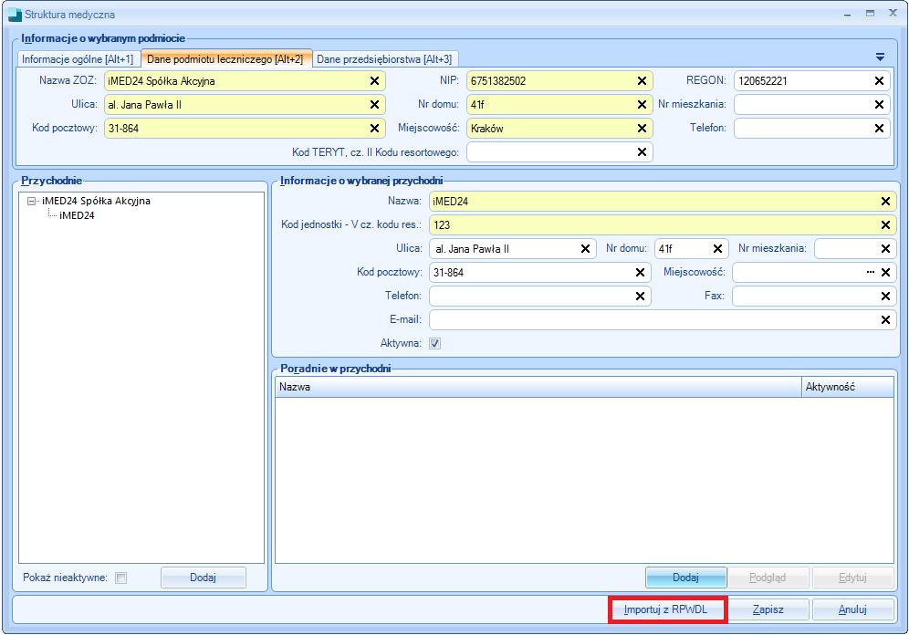 przycisk Importuj z RPWDL, a następnie wybrać wcześniej zapisany plik z Księgą Rejestrową. Rysunek 11. Import danych struktury medycznej Uwaga!
