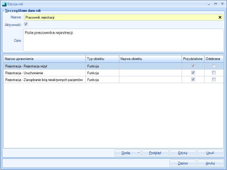 o Rejestracja rejestracja wizyt o Rejestracja uruchomienie o Rejestracja zarządzanie listą nieaktywnych pacjentów Dodatkowo należy dodać w zakładce Uprawnienia: o Rejestracja edycja grafików Jeżeli