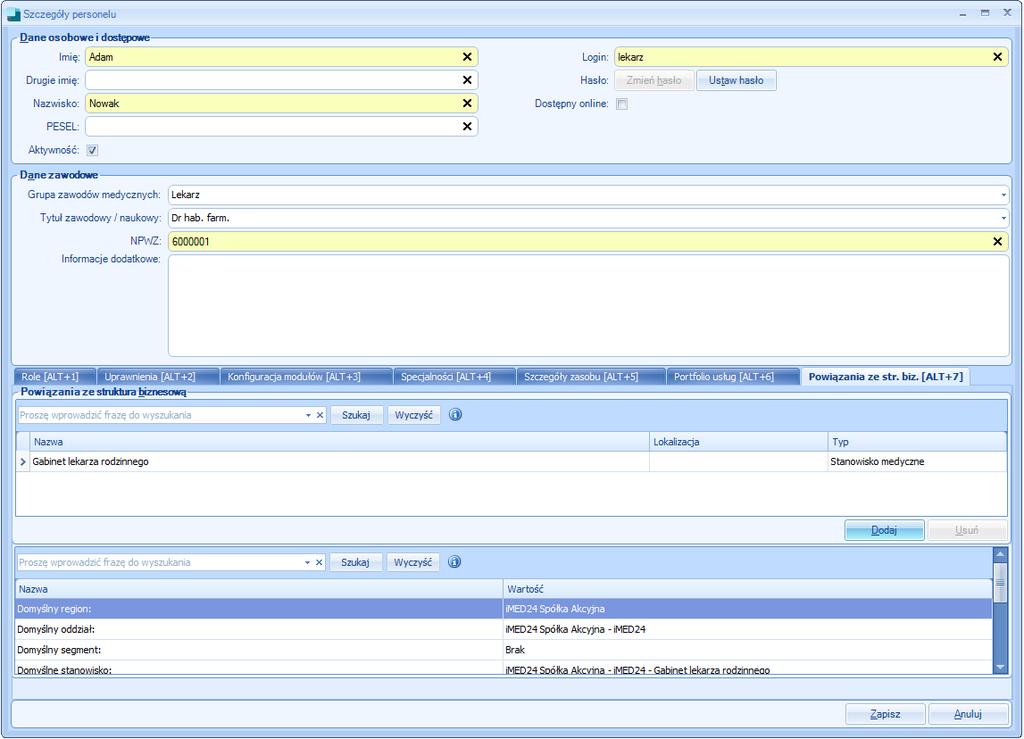 Rysunek 19. Dodawanie lekarza. Moduł Administracja Pola wymagane do uzupełnienia w oknie Szczegóły personelu to: Imię - Adam Nazwisko Nowak Login generowany automatycznie : adam.