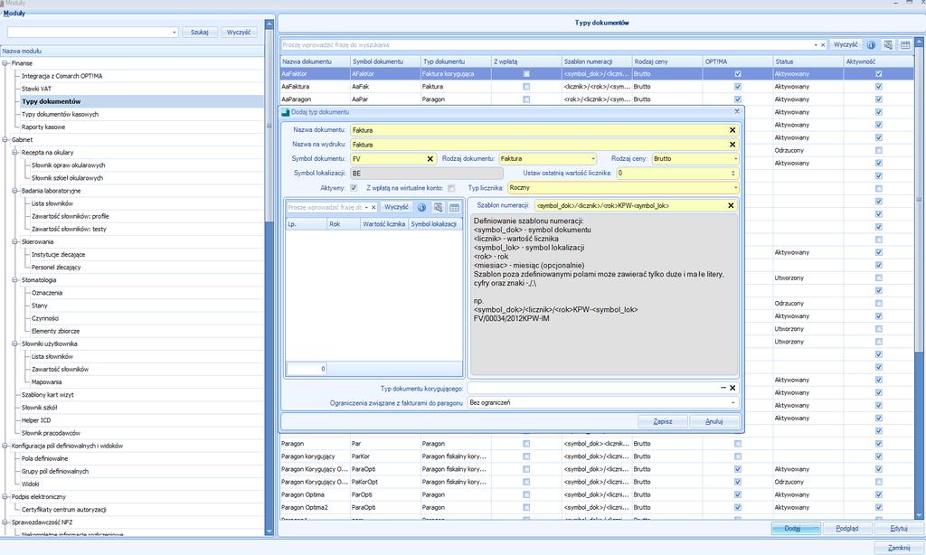 Rysunek 21. Dodawanie typu dokumentu finansowego Po kliknięciu Dodaj/Typ dokumentu pojawi się okno, które widać powyżej.