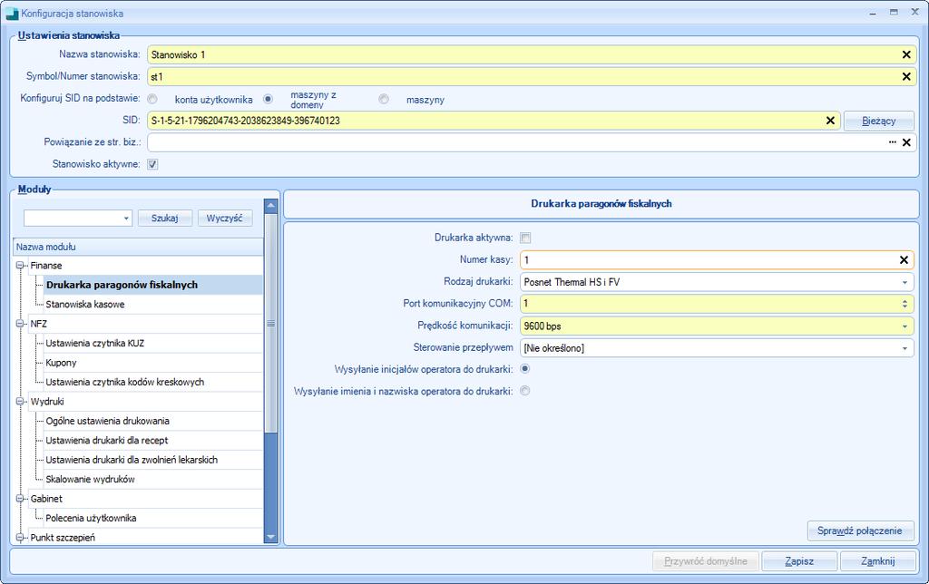 okna należy wybrać węzeł Drukarka paragonów fiskalnych, a następnie podać: Nr kasy 1; Rodzaj drukarki należy wybrać z listy drukarkę, która posiadamy; Port komunikacyjny COM po podłączeniu drukarki