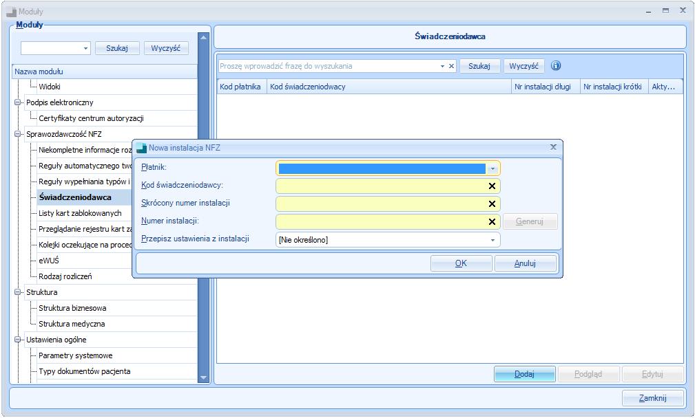 Rysunek 40. Dodawanie nowego Świadczeniodawcy. Pojawi się okno Nowa instalacja NFZ, w którym należy uzupełnić odpowiednie pola.