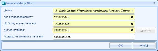 Sposób dodawania instancji NFZ jest różny w zależności od kodu NFZ, dla kodów NFZ=1,4,5,6,8,9,11,12 konieczne jest ręczne wypełnienie wszystkich pól, zgodnie z posiadanym Kodem