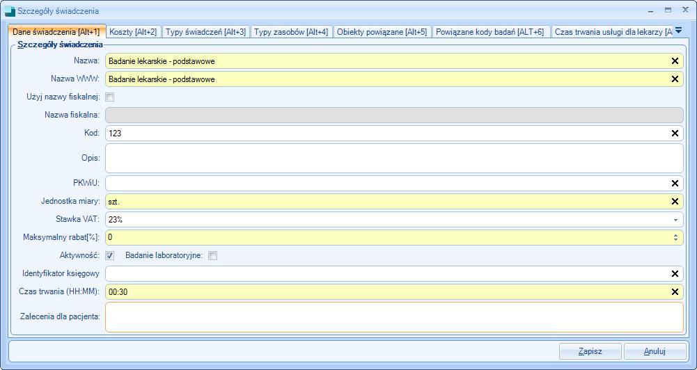Rysunek 52. Szczegóły świadczenia. Po uzupełnieniu należy nacisnąć przycisk Zapisz, aby dodać świadczenie do słownika.