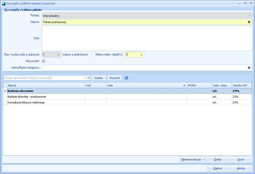 W oknie Szablony pakietów świadczeń wybrać opcję Dodaj->Pakiet Indywidualny.