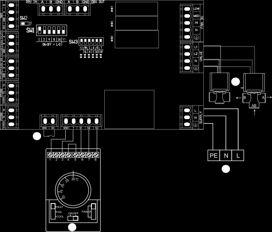 zawór z siłownikiem SRSQ3d (OMY 3x0,5mm 2 ) lub SRQ (OMY 3x0,5mm 2 ) A doprowadzenie czynnika grzewczego na rurę powrotną kurtyny AB doprowadzenie czynnika grzewczego do zaworu B doprowadzenie
