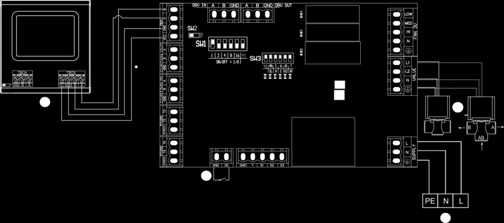 5.3.3 REGULACJA T-box - SCHEMATY PODŁĄCZENIA ELIS A-W/N zasilanie 230V/50Hz (OMY 3x1mm 2 ) Inteligentny sterownik z wyświetlaczem dotykowym (OMY 4x0,5mm 2 ) czujnik drzwiowy DCe/DCm (drzwi zamknięte