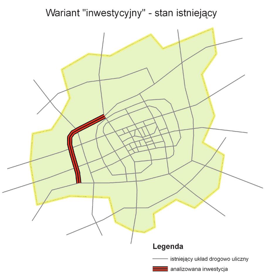 Rys. 4 Wariant bezinwestycyjny (WB) stan istniejący Wariant bezinwestycyjny w stanie istniejącym zakłada funkcjonowanie obecnego podstawowego układu dróg i ulic w mieście lub na analizowanym obszarze