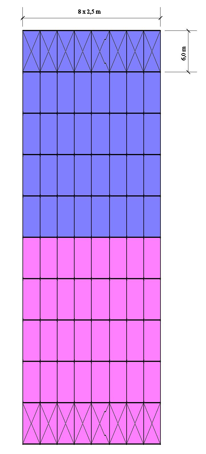 Całkowita długość hali: 60,00 m g liczba dźwigarów dachowych = 10 b liczba pasów stężeń połaciowych = 2 m = 10 / 2 = 5 a m = [ 0,5 (1 + 1 / m)] = 0,775 e 0 = a m L / 500 = 31 mm Rozpatrzono dwa