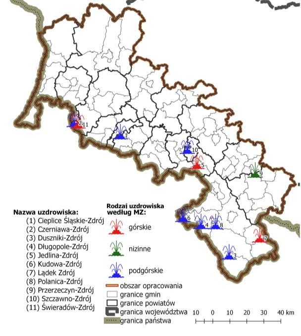 Ryc. 4 Lokalizacja uzdrowisk na terenie Sudety 2030. Opracowanie własne na podstawie danych GUGiK oraz GUS.