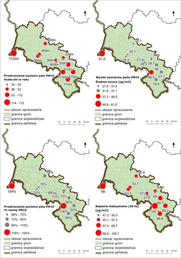 Ryc. 8 Wartości średniego rocznego stężenia pyłów PM10 oraz przekroczeń w roku 2015.