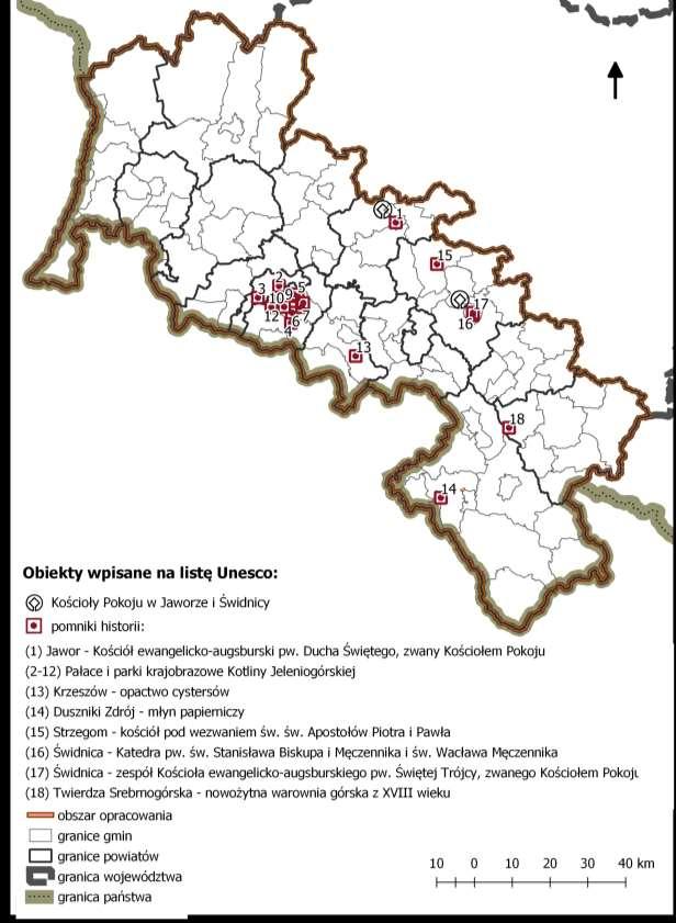 Ryc. 16 Lokalizacja obiektów wpisanych na listę UNESCO oraz pomników historii. Opracowanie własne na podstawie danych NID, DanePubliczne.gov.pl 47 oraz GUGiK.