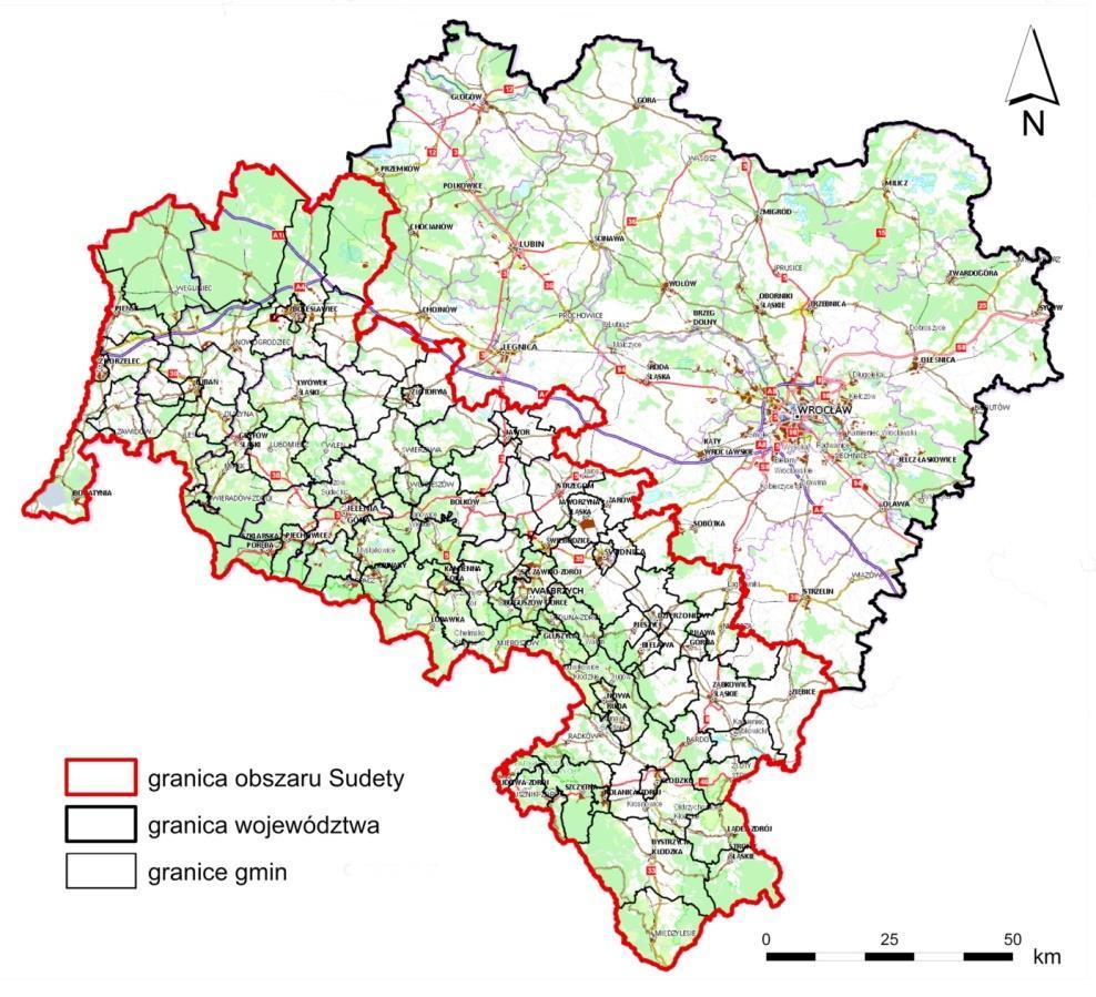 Rysunek 1. Obszar opracowania (subregion wałbrzyski i subregion jeleniogórski) na tle regionu Dolnego Śląska Źródło: opracowanie własne na podstawie http://www.geoportal.gov.pl.