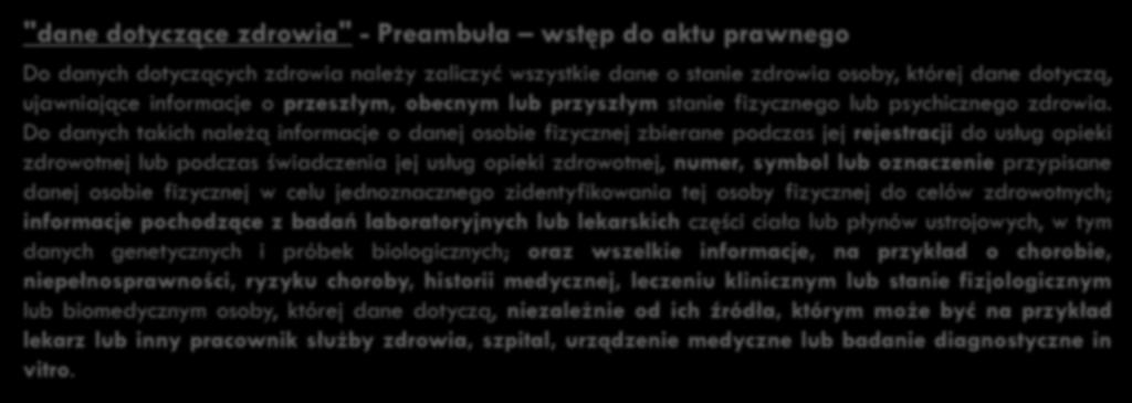 28 Zmiany w definicjach "dane dotyczące zdrowia" - Preambuła wstęp do aktu prawnego Do danych dotyczących zdrowia należy zaliczyć wszystkie dane o stanie zdrowia osoby, której dane dotyczą,