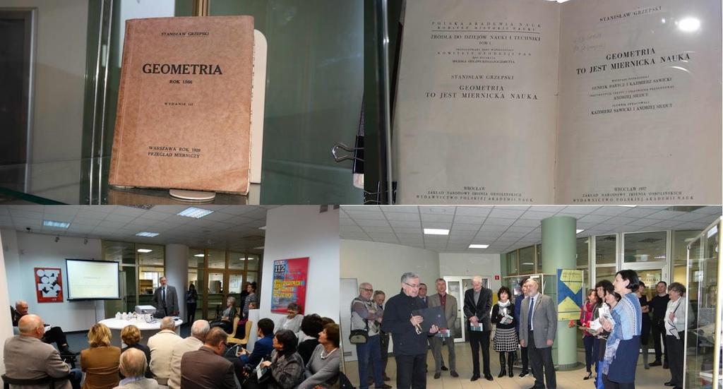Ekspozycja zawierała zbiory z dziedziny geodezji, począwszy od reprintów książki Grzepskiego (zdjęcia poniżej), poprzez przekrój pozycji związanych z naszym zawodem, na geodezji satelitarnej kończąc.