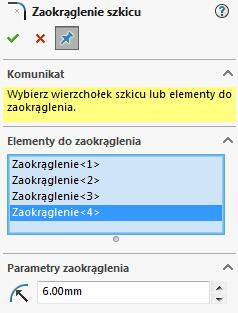 Kliknij F aby wpasować część w ekran. Krok 4: Zrób zaokrąglenia w szkicu użyj Zaokrągleń (S) zaokrąglenia na 6 w każdym wierzchołku prostokąta. Zatwierdź.