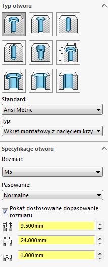 W typie otworu wybierz: pogłębienie walcowe, standard: ANSI Metric i ustal dostosowane dopasowanie rozmiaru: średnica