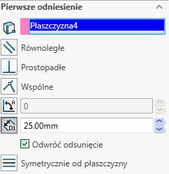 Jako odniesienie wybierz Płaszczyzna 3 i odsuń ją na 5 mm.