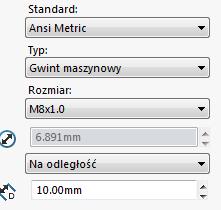 którą ogranicza wybrana krawędź. Wybierz standard ANSI Metric, rozmiar M8x1.