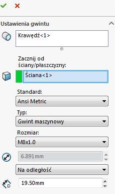 W tym celu kliknij Wstaw>Adnotacje>Oznaczenie gwintu W pierwszym polu wybierz zewnętrzną krawędź, a w