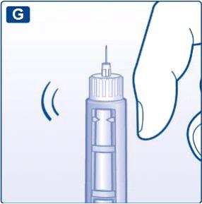 G Trzymając FlexPen igłą skierowaną do góry, popukać delikatnie we wkład palcem kilka razy, aby pęcherzyki powietrza zebrały się w górnej części wkładu.