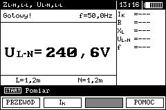 Podłączyć przewody pomiarowe wg rysunku a) dla pomiaru w obwodzie L-N lub b) dla pomiaru w