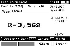 Komórka zajęta dla danego typu pomiaru. Wybór pomiaru (komórki) przyciskami i, wybór banku przyciskami i. Wpis do pamięci przyciskiem ENTER.