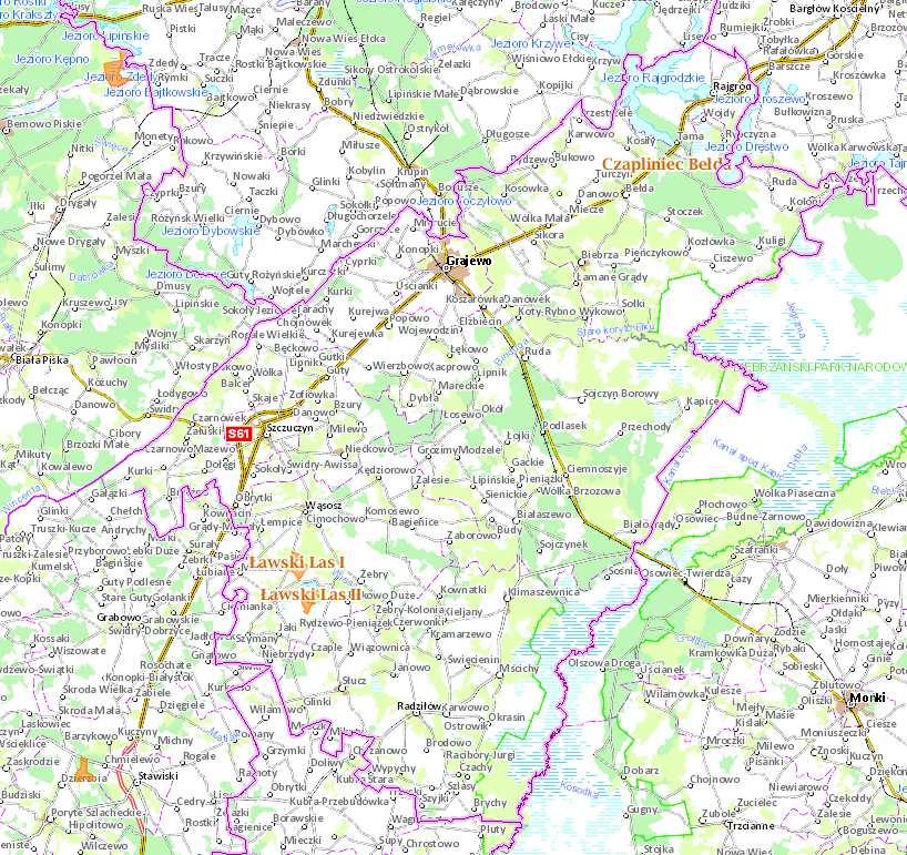 Ryc. 12. Położenie rezerwatów na terenie powiatu grajewskiego. Źródło: http://geoserwis.gdos.gov.pl/mapy/ REZERWAT CZAPLINIEC BEŁDA Czapliniec Bełda zaliczany jest do rezerwatów faunistycznych.