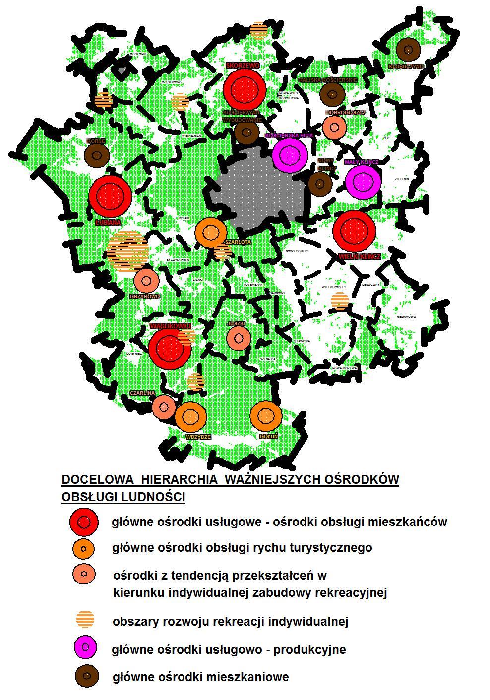 14 główne ośrodki usługowo produkcyjne - wyznaczone w miejscowościach: Mały Klincz; Kościerska Huta jako ośrodki obsługi usługowej oraz obszary lokalizacji głównych funkcji produkcyjnych w gminie.