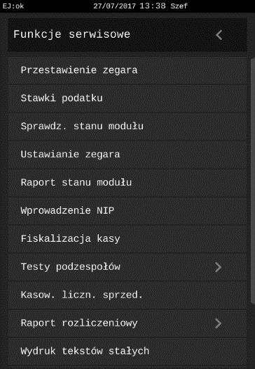 Stan kopii elektronicznej Instrukcja obsługi kasy ELZAB SIGMA MENU > FUNKCJE KIEROWNIKA > KOPIA ELEKTRONICZNA > USTAWIENIA > STAN KOPII ELEKTRONICZNEJ Po wywołaniu funkcji na wyświetlaczu pojawią się