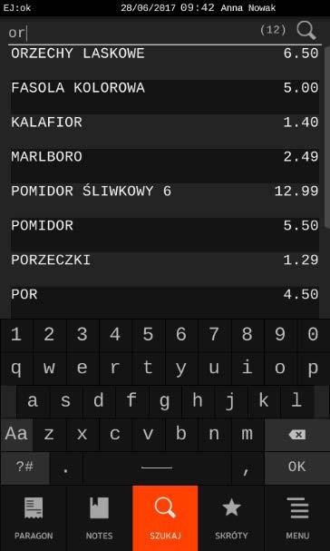 W pierwszej kolejności na liście wyszukanych towarów znajdują się zawsze towary, których początek nazwy jest zgodny z wprowadzonym ciągiem znaków. Przykład poniżej.