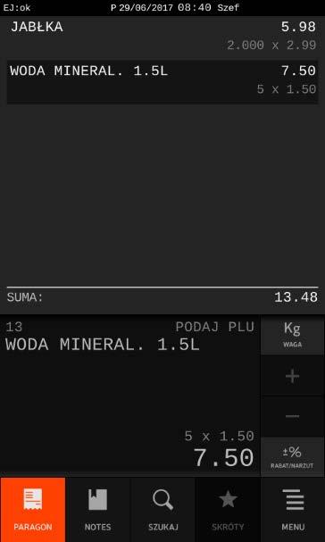 W przypadku wprowadzenia nr PLU towaru ważonego (zdefiniowana precyzja ilości/wagi do 3 miejsc po przecinku, patrz rozdział 2.1.