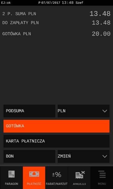 Wprowadź odpowiednią kwotę przyjętej zapłaty (np. przyjęto 20.